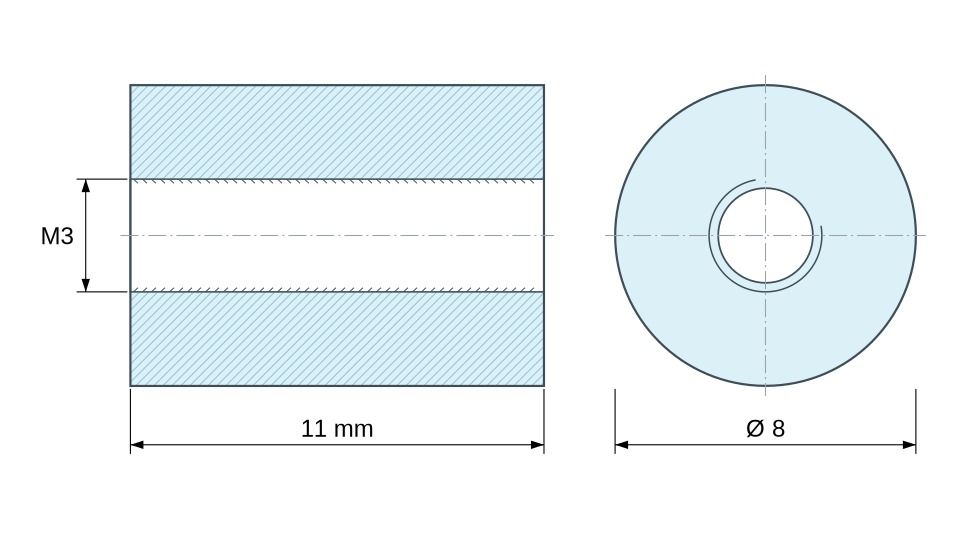 Plan coté Entretoise ronde filetée femelle/femelle plastique polyamide PA6 renforcé fibre de verre UL94-HB M3 - Ø8 mm Plan coté Entretoise ronde filetée femelle/femelle plastique polyamide PA6 renforcé fibre de verre UL94-HB M3 - Ø8 mm