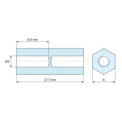 Plan coté 17,7 mm, Entretoise hexagonale filetée femelle/femelle plastique polyamide PA6.6 renforcé fibre de verre UL94-V0 M3 - 6 mm sur plats