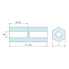 Plan coté 17,7 mm, Entretoise hexagonale filetée femelle/femelle plastique polyamide PA6.6 renforcé fibre de verre UL94-V0 M3 - 6 mm sur plats
