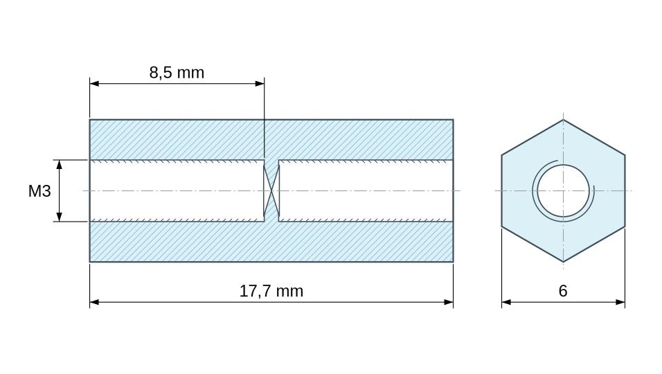 Plan coté Entretoise hexagonale filetée femelle/femelle plastique polyamide PA6.6 renforcé fibre de verre UL94-V0 M3 - 6 mm sur plats Plan coté Entretoise hexagonale filetée femelle/femelle plastique polyamide PA6.6 renforcé fibre de verre UL94-V0 M3 - 6 mm sur plats