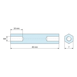 Plan coté 40 mm, Entretoise hexagonale filetée femelle/femelle plastique polyamide PA6 renforcé fibre de verre UL94-HB M4 - 7 mm sur plats