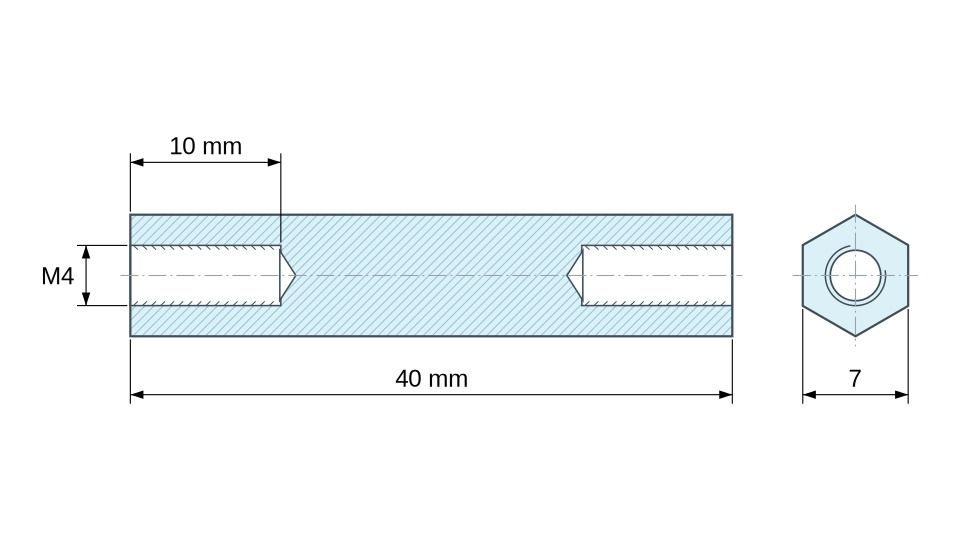 Plan coté Entretoise hexagonale filetée femelle/femelle plastique polyamide PA6 renforcé fibre de verre UL94-HB M4 - 7 mm sur plats Plan coté Entretoise hexagonale filetée femelle/femelle plastique polyamide PA6 renforcé fibre de verre UL94-HB M4 - 7 mm sur plats