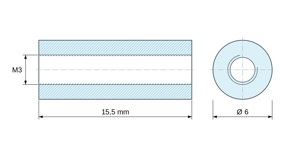 Plan coté Entretoise ronde filetée femelle/femelle plastique polyamide PA6 renforcé fibre de verre blanc UL94-V2 M3 - Ø6 mm Plan coté Entretoise ronde filetée femelle/femelle plastique polyamide PA6 renforcé fibre de verre blanc UL94-V2 M3 - Ø6 mm
