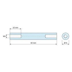 Plan coté 42 mm, Entretoise ronde filetée femelle/femelle plastique polyamide PA6 renforcé fibre de verre blanc UL94-HB M3 - Ø6 mm