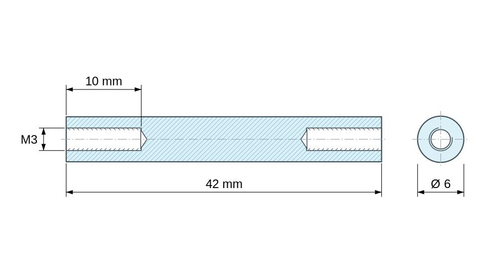 Plan coté Entretoise ronde filetée femelle/femelle plastique polyamide PA6 renforcé fibre de verre blanc UL94-HB M3 - Ø6 mm