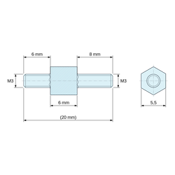 Plan coté 6 mm / 6 / 8 mm, Entretoise hexagonale filetée mâle/mâle acier zingué bleu M3 - 5,5 mm sur plats, tiges 6 et 8 mm