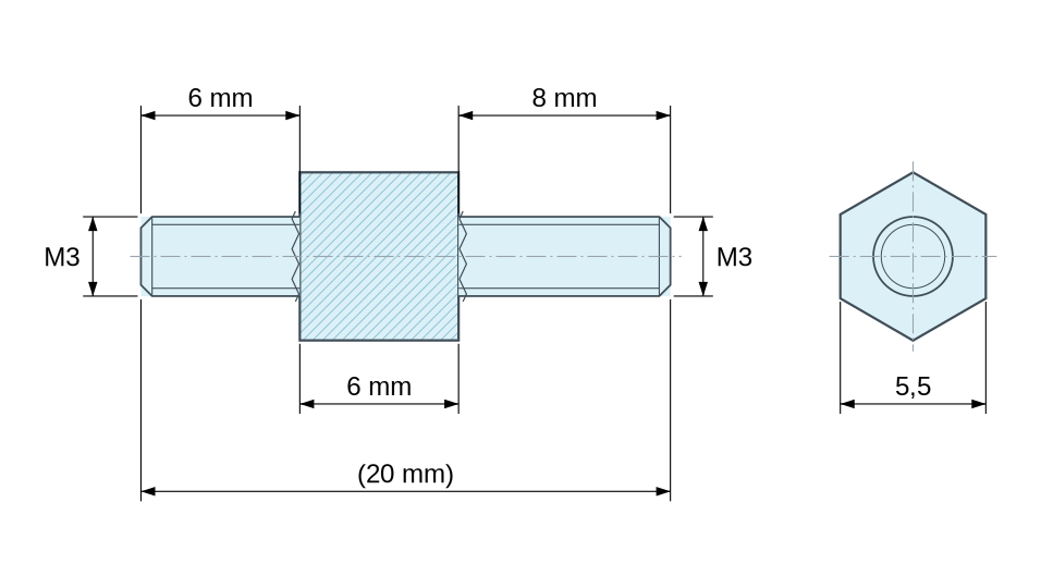 Plan coté Entretoise hexagonale filetée mâle/mâle acier zingué bleu M3 - 5,5 mm sur plats, tiges 6 et 8 mm