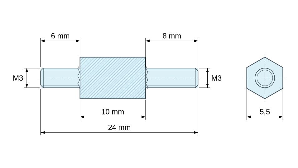 Plan coté Entretoise hexagonale filetée mâle/mâle acier zingué bleu M3 - 5,5 mm sur plats, tiges 6 et 8 mm