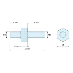Plan coté 3 mm / 5 / 8 mm, Entretoise hexagonale filetée mâle/mâle acier zingué M3 - 5,5 mm sur plats, tiges 5 et 8 mm