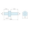Plan coté 3 mm / 5 / 8 mm, Entretoise hexagonale filetée mâle/mâle acier zingué M3 - 5,5 mm sur plats, tiges 5 et 8 mm