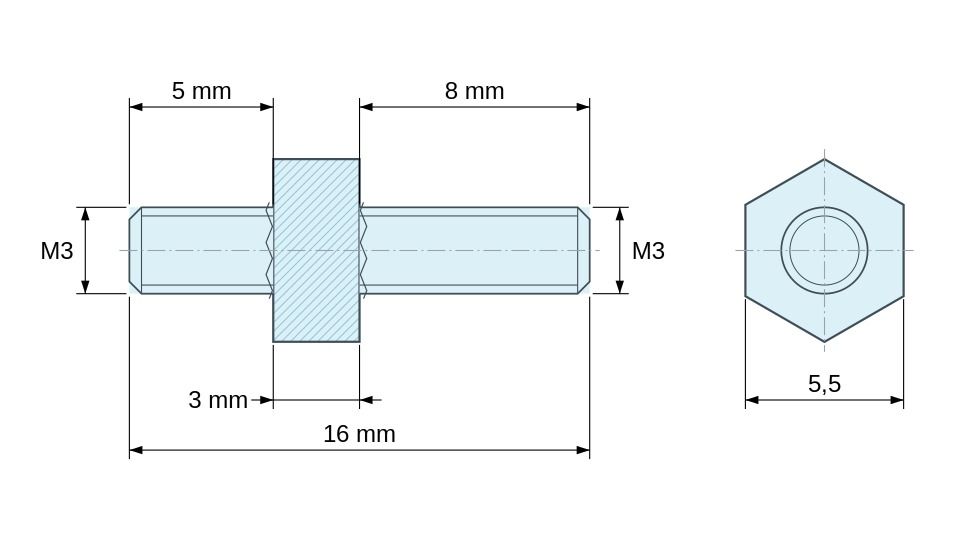 Plan coté Entretoise hexagonale filetée mâle/mâle acier zingué M3 - 5,5 mm sur plats, tiges 5 et 8 mm