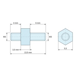 Plan coté 3,5 mm / 4 / 6 mm, Entretoise hexagonale filetée mâle/mâle acier zingué M3 - 5,5 mm sur plats, tiges 4 et 6 mm