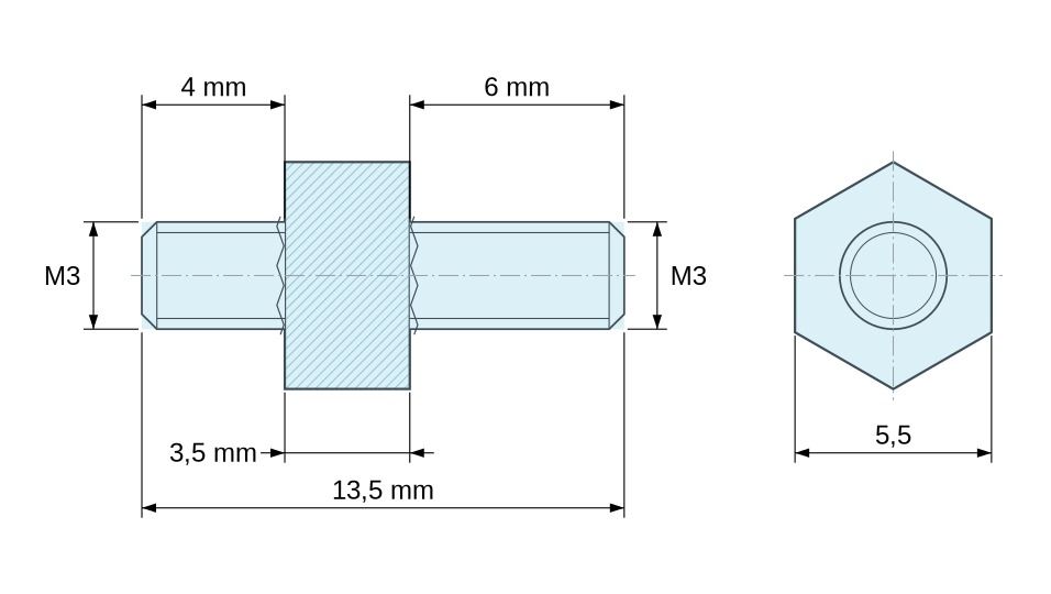 Plan coté Entretoise hexagonale filetée mâle/mâle acier zingué M3 - 5,5 mm sur plats, tiges 4 et 6 mm