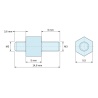 Plan coté 5 mm / 3,6 / 6 mm, Entretoise hexagonale filetée mâle/mâle acier zingué M3 - 5,5 mm sur plats, tiges 3,6 et 6 mm