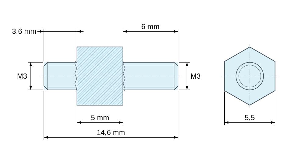 Plan coté Entretoise hexagonale filetée mâle/mâle acier zingué M3 - 5,5 mm sur plats, tiges 3,6 et 6 mm
