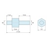 Plan coté 5 mm / 4 / 8 mm, Entretoise hexagonale filetée mâle/mâle acier zingué M3 - 5,5 mm sur plats, tiges 4 et 8 mm