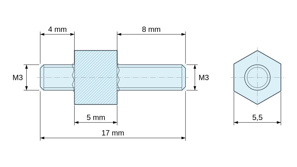 Plan coté Entretoise hexagonale filetée mâle/mâle acier zingué M3 - 5,5 mm sur plats, tiges 4 et 8 mm