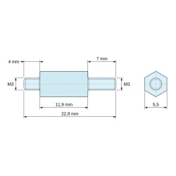 Plan coté 11,9 mm / 4 / 7 mm, Entretoise hexagonale filetée mâle/mâle acier zingué M3 - 5,5 mm sur plats, tiges 4 et 7 mm