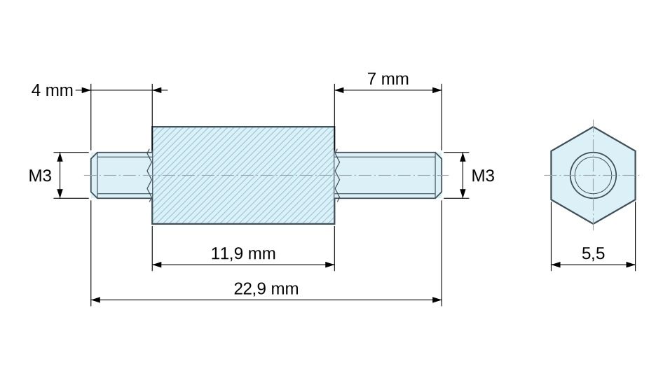 Plan coté Entretoise hexagonale filetée mâle/mâle acier zingué M3 - 5,5 mm sur plats, tiges 4 et 7 mm