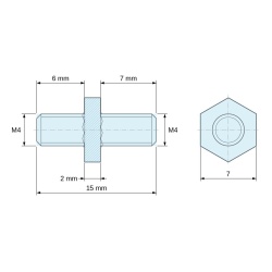 Plan coté 2 mm / 6 / 7 mm, Entretoise hexagonale filetée mâle/mâle acier zingué bleu M4 - 7 mm sur plats, tiges 6 et 7 mm