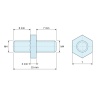 Plan coté 2 mm / 6 / 7 mm, Entretoise hexagonale filetée mâle/mâle acier zingué bleu M4 - 7 mm sur plats, tiges 6 et 7 mm
