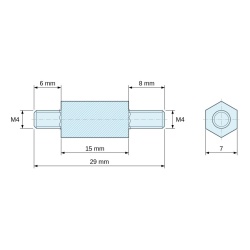 Plan coté 15 mm / 6 / 8 mm, Entretoise hexagonale filetée mâle/mâle acier zingué bleu M4 - 7 mm sur plats, tiges 6 et 8 mm