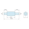 Plan coté 15 mm / 6 / 8 mm, Entretoise hexagonale filetée mâle/mâle acier zingué bleu M4 - 7 mm sur plats, tiges 6 et 8 mm