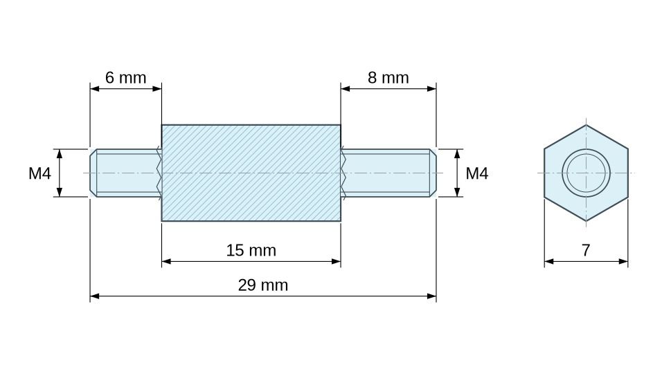 Plan coté Entretoise hexagonale filetée mâle/mâle acier zingué bleu M4 - 7 mm sur plats, tiges 6 et 8 mm