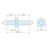 Plan coté 1,7 mm / 6 / 8 mm, Entretoise hexagonale filetée mâle/mâle acier zingué jaune au plomb M3 - 5,5 mm sur plats, tiges 6 et 8 mm