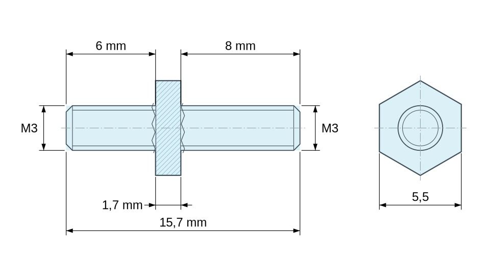 Plan coté Entretoise hexagonale filetée mâle/mâle acier zingué jaune au plomb M3 - 5,5 mm sur plats, tiges 6 et 8 mm Plan coté Entretoise hexagonale filetée mâle/mâle acier zingué jaune au plomb M3 - 5,5 mm sur plats, tiges 6 et 8 mm
