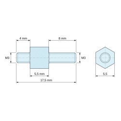 Plan coté 5,5 mm / 4 / 8 mm, Entretoise hexagonale filetée mâle/mâle acier zingué jaune M3 - 5,5 mm sur plats, tiges 4 et 8 mm