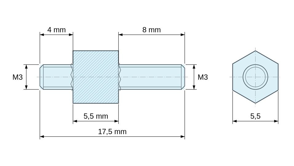 Plan coté Entretoise hexagonale filetée mâle/mâle acier zingué jaune M3 - 5,5 mm sur plats, tiges 4 et 8 mm