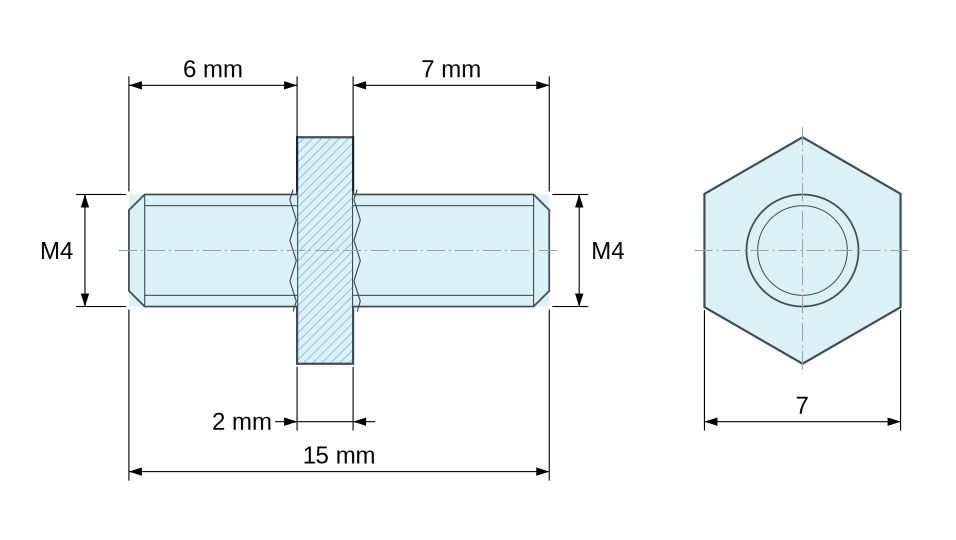 Plan coté Entretoise hexagonale filetée mâle/mâle acier zingué jaune M4 - 7 mm sur plats, tiges 6 et 7 mm