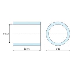 Plan coté 15 mm, Entretoise lisse laiton nickelé au plomb Ø10,2x13mm pour vis M10