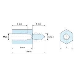 Plan coté 8 mm / 5 mm, Entretoise hexagonale filetée autotaraudeuse acier zingué sans plomb M2,5 / ST2,6 - 5 mm sur plats