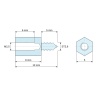Plan coté 8 mm / 5 mm, Entretoise hexagonale filetée autotaraudeuse acier zingué sans plomb M2,5 / ST2,6 - 5 mm sur plats