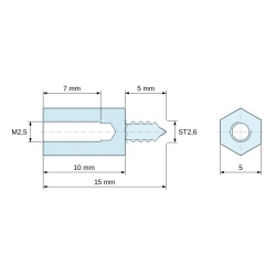 Plan coté 10 mm / 5 mm, Entretoise hexagonale filetée autotaraudeuse acier zingué M2,5 / ST2,6 - 5 mm sur plats