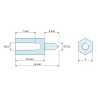 Plan coté 10 mm / 5 mm, Entretoise hexagonale filetée autotaraudeuse acier zingué M2,5 / ST2,6 - 5 mm sur plats