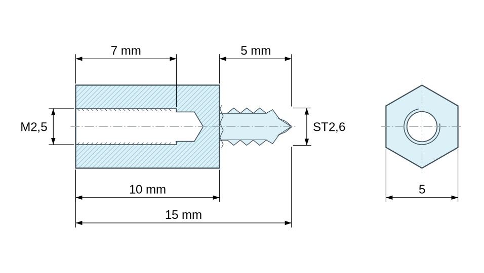 Plan coté Entretoise hexagonale filetée autotaraudeuse acier zingué M2,5 / ST2,6 - 5 mm sur plats