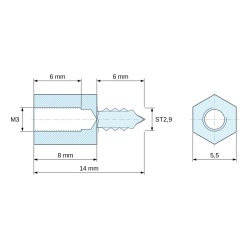 Plan coté 8 mm / 6 mm, Entretoise hexagonale filetée autotaraudeuse acier zingué sans plomb M3 / ST2,9 - 5,5 mm sur plats