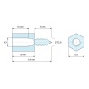 Plan coté 8 mm / 6 mm, Entretoise hexagonale filetée autotaraudeuse acier zingué sans plomb M3 / ST2,9 - 5,5 mm sur plats