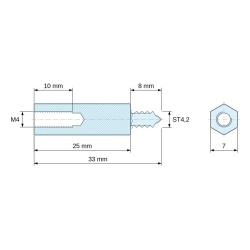 Plan coté 25 mm / 8 mm, Entretoise hexagonale filetée autotaraudeuse acier zingué sans plomb M4 / ST4,2 - 7 mm sur plats