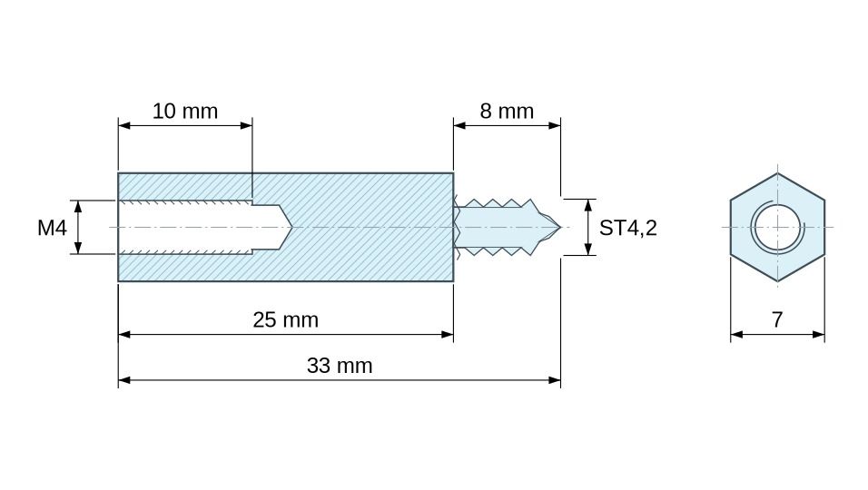 Plan coté Entretoise hexagonale filetée autotaraudeuse acier zingué sans plomb M4 / ST4,2 - 7 mm sur plats Plan coté Entretoise hexagonale filetée autotaraudeuse acier zingué sans plomb M4 / ST4,2 - 7 mm sur plats