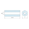 Plan coté 15 mm, Entretoise hexagonale filetée femelle/femelle acier zingué sans plomb M2,5 - 5 mm sur plats
