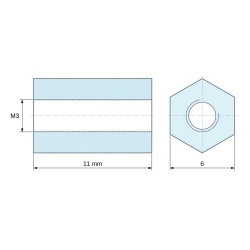 Plan coté 11 mm, Entretoise hexagonale filetée femelle/femelle acier zingué sans plomb M3 - 6 mm sur plats