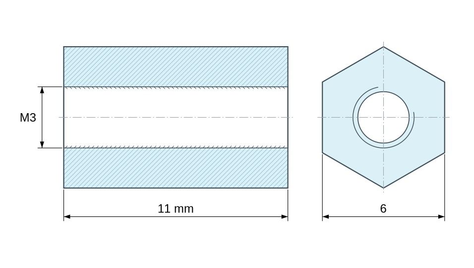 Plan coté Entretoise hexagonale filetée femelle/femelle acier zingué sans plomb M3 - 6 mm sur plats Plan coté Entretoise hexagonale filetée femelle/femelle acier zingué sans plomb M3 - 6 mm sur plats