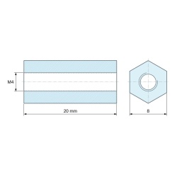 Plan coté 20 mm, Entretoise hexagonale filetée femelle/femelle acier zingué sans plomb M4 - 8 mm sur plats