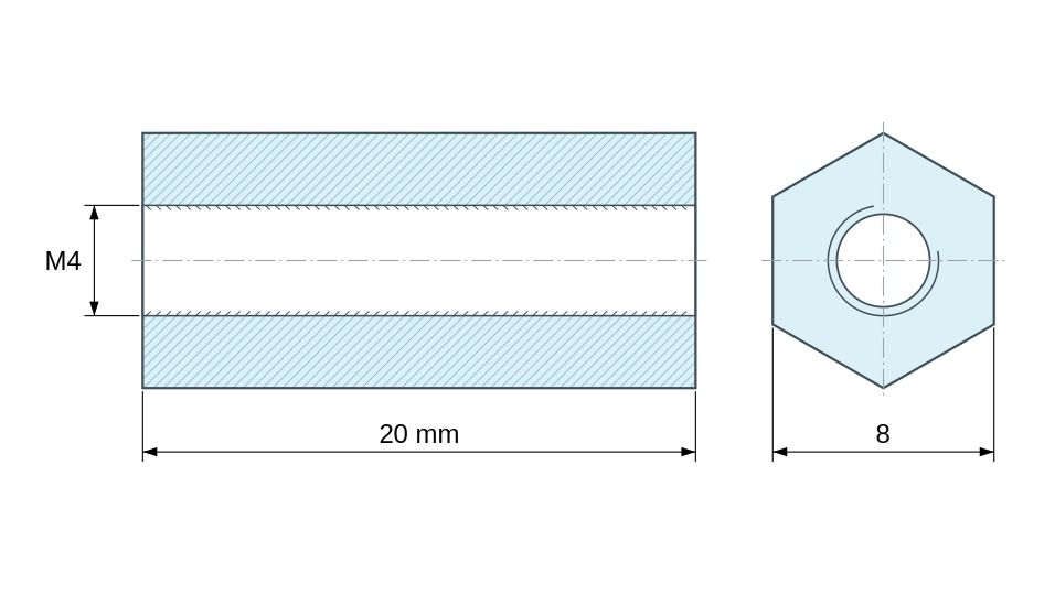 Plan coté Entretoise hexagonale filetée femelle/femelle acier zingué sans plomb M4 - 8 mm sur plats Plan coté Entretoise hexagonale filetée femelle/femelle acier zingué sans plomb M4 - 8 mm sur plats