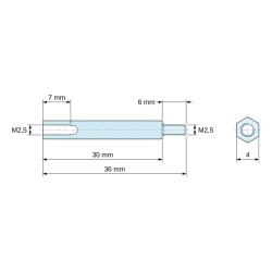 Plan coté 30 mm / 6 mm, Entretoise hexagonale filetée mâle/femelle acier zingué sans plomb M2,5 - 4 mm sur plats
