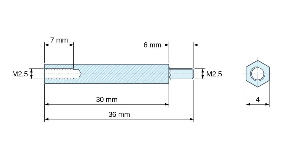 Plan coté Entretoise hexagonale filetée mâle/femelle acier zingué sans plomb M2,5 - 4 mm sur plats Plan coté Entretoise hexagonale filetée mâle/femelle acier zingué sans plomb M2,5 - 4 mm sur plats
